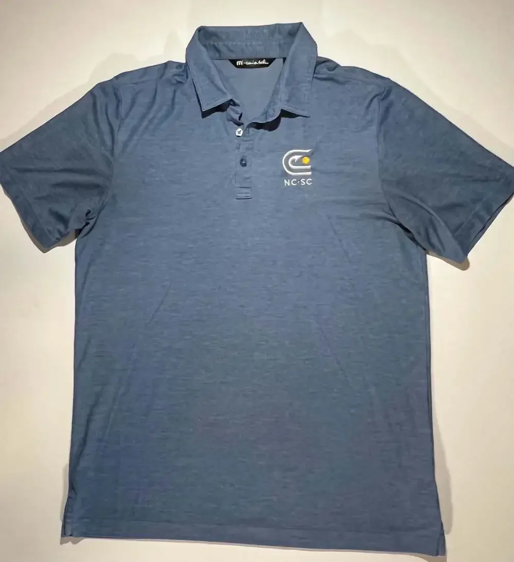 TravisMathew Blue Heather Performance Polo Shirt NC-SC Logo